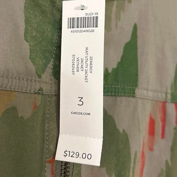 CHICO’S ZENERGY NWT Ikat Print Olive Green & Khaki Utility Jacket Size 3 (16-18) - Picture 13 of 15